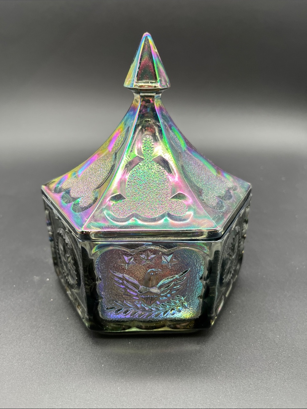 1970s Carnival Glass bowl with lid